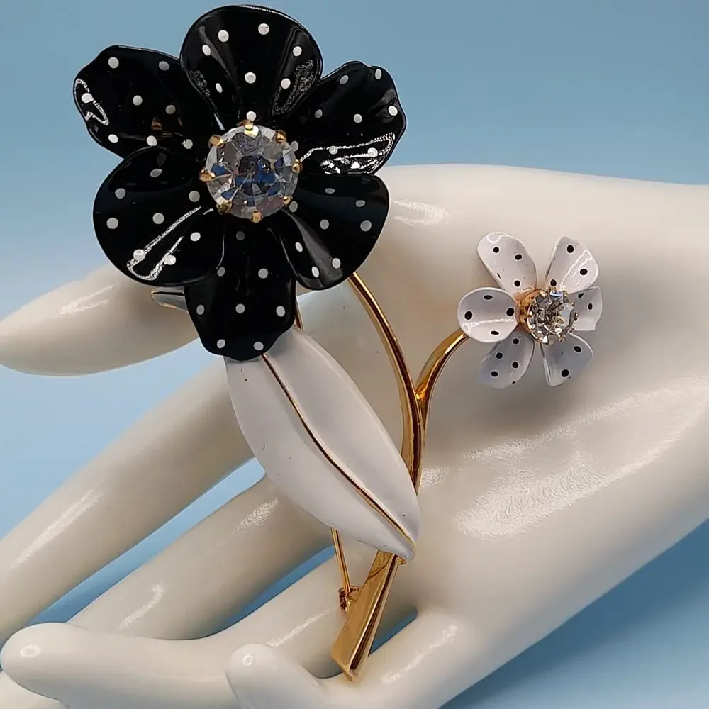 Vintage Avon Black White Dot Large Flower Brooch, 2002